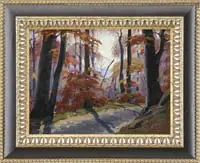 Road to Village by Frank H. Moser, Oil on board colorful scene shows a curving road through woods on the side of a hill, sold Feb 2011