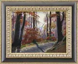 Frank H. Moser, Road to Village, Oil on board colorful scene shows a curving road through woods on the side of a hill