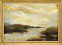 Otto Fried, Morning Mist on the River, Oil on canvas scene shows clouds reflecting the sunrise over a landscape having a river covered with mist