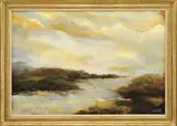 Otto Fried, Morning Mist on the River, Oil on canvas scene shows clouds reflecting the sunrise over a landscape having a river covered with mist