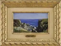 Leon Kroll, Rocky Coast, Oil on wood panel coastal scene shows deep blue water beyond grass covered granite rocks and cliff. All under a blue sky