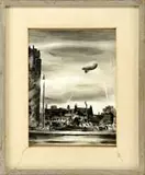 Peter Hurd, Summer Evening in London, Black and white watercolor wartime scene shows a tethered air balloon over buildings in London with a lit street lamp