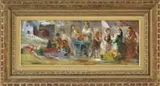 Jon Corbino, The Flower Market, Oil on canvas scene shows a number of patrons and merchants at a colorful flower market with houses in the background
