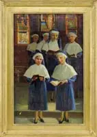 Helena Sturtevant, The Luxembourg Convent Choir, Oil on canvas interior church scene shows six young nuns in blue and white outfits singing, holding hymnals