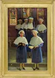 Helena Sturtevant, The Luxembourg Convent Choir, Oil on canvas interior church scene shows six young nuns in blue and white outfits singing, holding hymnals