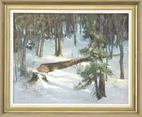 Jerush Montez, The Clearing, Oil on canvas winter scene shows a clearing with a recently cut tree