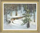 Jerush Montez, The Clearing, Oil on canvas winter scene shows a clearing with a recently cut tree