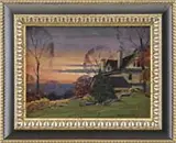 Frank H. Moser, Sunset, Oil on board colorful scene shows a multi-story house overlooking water with a colorful sunset sky
