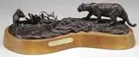 Tim Whitworth, Cougar and Javelina, Contemporary bronze showing a cougar in hunting mode approaching a boar type animal near some cactus