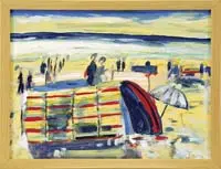 Bo Hilton, Two Works: “In the Moment” & “Oranges and Whites, Two oil on board beach scenes with figures, umbrellas and sand. One signed “B. Hilton” and the other “BH”