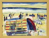 Bo Hilton, Two Works: “In the Moment” & “Oranges and Whites, Two oil on board beach scenes with figures, umbrellas and sand. One signed “B. Hilton” and the other “BH”