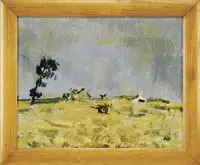 Field Study by Signed, Impressionistic oil on canvas scene shows a horse drawn cart in a golden field with house & tree beyond, sold Feb 2011