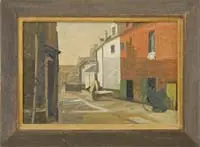 Building Sides by Unsigned, Modernist oil on canvas scene of a street showing sides of buildings, sold Feb 2011