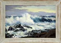 Alfred Fuller, Wintry Wind, Oil on canvas coastal scene shows a wave crashing onto coastal rocks. Gray clouds with brightening skies