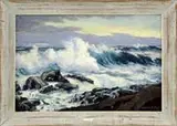 Alfred Fuller, Wintry Wind, Oil on canvas coastal scene shows a wave crashing onto coastal rocks. Gray clouds with brightening skies