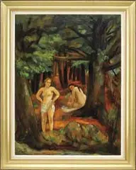 Bernard Karfiol, Bathers in Pine Woods, Oil on canvas scene shows two nude women in a stand of large pine trees near foreground woodland pool