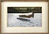 Stephen Etnier, Game Warden’s Plane, Harpswell, Oil on board scene shows a white-winged float plane on calm blue water with land beyond