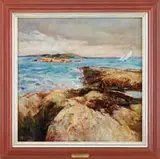 Philip Little, The Sheepscot River, Maine, Green Island Looking to the North, Oil on canvas Maine coastal scene shows a sailboat sailing against a stiff breeze heading around a small island