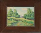 Vivian Milner Akers, Summer Maine Farm, Oil on board scene shows a large farmhouse flanked by tall green trees with stone and wood fence