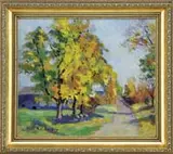 Anne Carey Bradley, Maple Drive, Oil on board autumn scene shows a line of colorful trees beside a country lane leading to house and barn under blue sky
