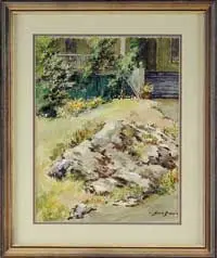 Abbott Fuller Graves, Roses by the Porch, Fine watercolor scene shows a porch area with red rose bushes beyond a front yard with rocks and grass