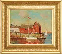 Motif #1 by Wayne Beam Morrell, Oil on board Rockport Harbor scene shows Motif #1 at the end of the wharf with three sailboats all under a colorful sky, sold Aug 2010