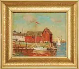 Wayne Beam Morrell, Motif #1, Oil on board Rockport Harbor scene shows Motif #1 at the end of the wharf with three sailboats all under a colorful sky