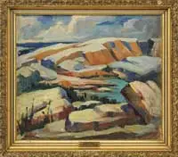 Lillian Adams, Bleached Rocks, East Gloucester, Mass, Oil on canvasboard shows colorful rocks on the ocean edge under blue and white cloud sky