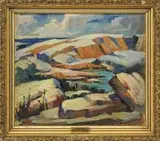 Lillian Adams, Bleached Rocks, East Gloucester, Mass, Oil on canvasboard shows colorful rocks on the ocean edge under blue and white cloud sky