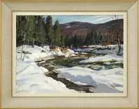 Aldro Thompson Hibbard, March Brook, Oil on board winter scene shows a river with snow banks and trees leading to purple hills under blue and white cloud sky