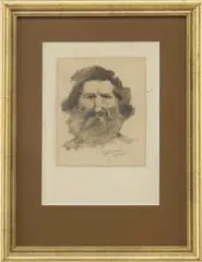 A Frontiersman by Frederic Remington, Graphite and wash on paper, mounted on board, bust portrait of a bearded man, sold Aug 2010