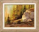 Jim Wilcox, Sunglow, Oil on masonite western scene shows light cascading through woods onto rock outcropping