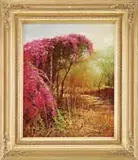 Jim Wilcox, Tropical Cascades, Oil on canvas southern scene shows a creek area with trees covered with fuchsia colored flower vines
