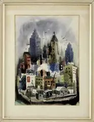 George Grosz, New York Skyline, Watercolor scene shows New York City with its tall buildings in colorful shades of blue, red, green and black