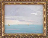Jane Peterson, 10 Clouds – Chioggia, Oil on board ocean scene shows three sailboats on a flat blue with pink highlighted ocean under a cloud covered sky