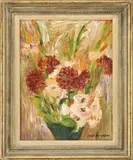 Jane Peterson, Pink and Red Still Life, Oil on board still life shows a green pot holding red zinnias, stalks of pink gladiolas