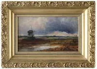 Thomas Moran, Windmill in Landscape, Oil on board scene shows windmill on left side with grassy marsh and threatening sky