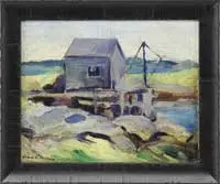John Sloan, Gray Fishing Shack, Oil on board coastline scene shows a wooden dock with small gray building situated on a rock and grass coastal shoreline