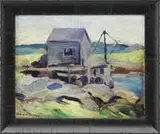 John Sloan, Gray Fishing Shack, Oil on board coastline scene shows a wooden dock with small gray building situated on a rock and grass coastal shoreline