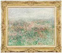 Gabor Peterdi, Norfolk X, Large oil on canvas impressionistic scene shows a colorful landscape using small paint strokes in shaped patterns