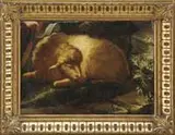 Unsigned, Ewe, Oil on canvas Old Master painting shows a laying sheep with a hand in upper left. Probably a part of a larger painting