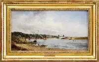 The Thames Near Greenwich by Alfred H. Vickers, Fine oil on wood panel scene shows a busy river with boats, people and city, sold Aug 2010