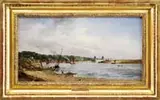 Alfred H. Vickers, The Thames Near Greenwich, Fine oil on wood panel scene shows a busy river with boats, people and city