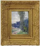Emile Claus, Country Path, Oil on wood panel scene shows a winding path to distant farm surrounded by woods under gray and white cloud sky