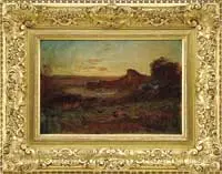 François-Auguste Ravier, French Landscape, Oil on board landscape scene shows a ruins in a grass and tree landscape
