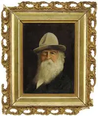 Walt Whitman by Unsigned, Small oil on canvas portrait of a white bearded gentleman with wide brim hat, sold Aug 2010