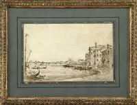 Giacomo Guardi, View of Venice, Pen and gray wash coastal view shows several gondolas on water leading to houses and buildings on shoreline
