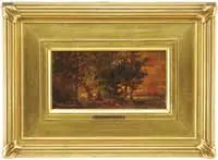 Ralph Albert Blakelock, Indian Encampment at Sunset, Oil on wood panel scene shows a Native American dancing in an encampment area amongst trees at sunset