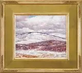 Dines Carlsen, Snow Covered Connecticut Hills, Oil on canvas winter scene shows low hills covered with snow under a pink highlighted white cloud and blue sky