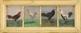 Thomas Allen, Portrait of Four Roosters, Interesting group of four oil on cigar box tops portraits of roosters standing on grassy ground